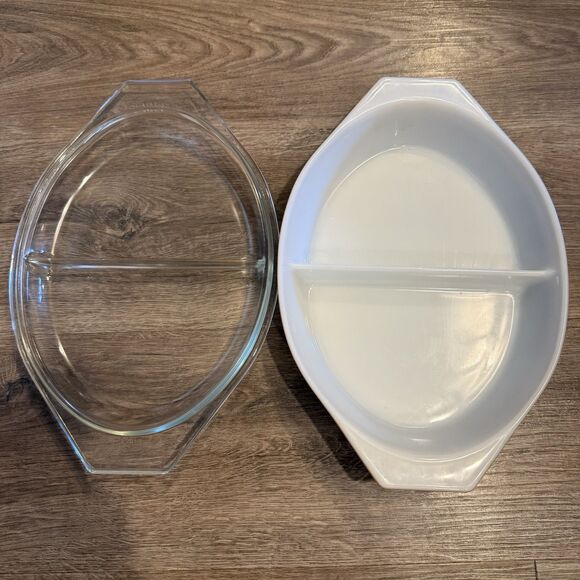 Pyrex 1.5 Qt Divided Casserole Dish Early American Brown Gold with Lid Vintage - Picture 3 of 10